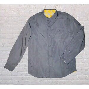 Lands End Reversible Flannel Shacket Jacket Mens MED Gray Yellow Snap Front